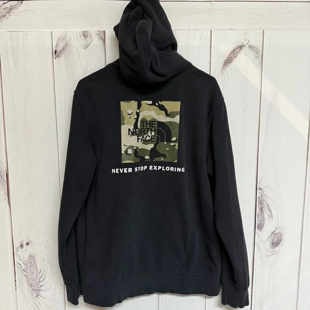 The North Face Hoodie Men’s‎ Large Black Camo Logo “Never Stop Exploring” GUC